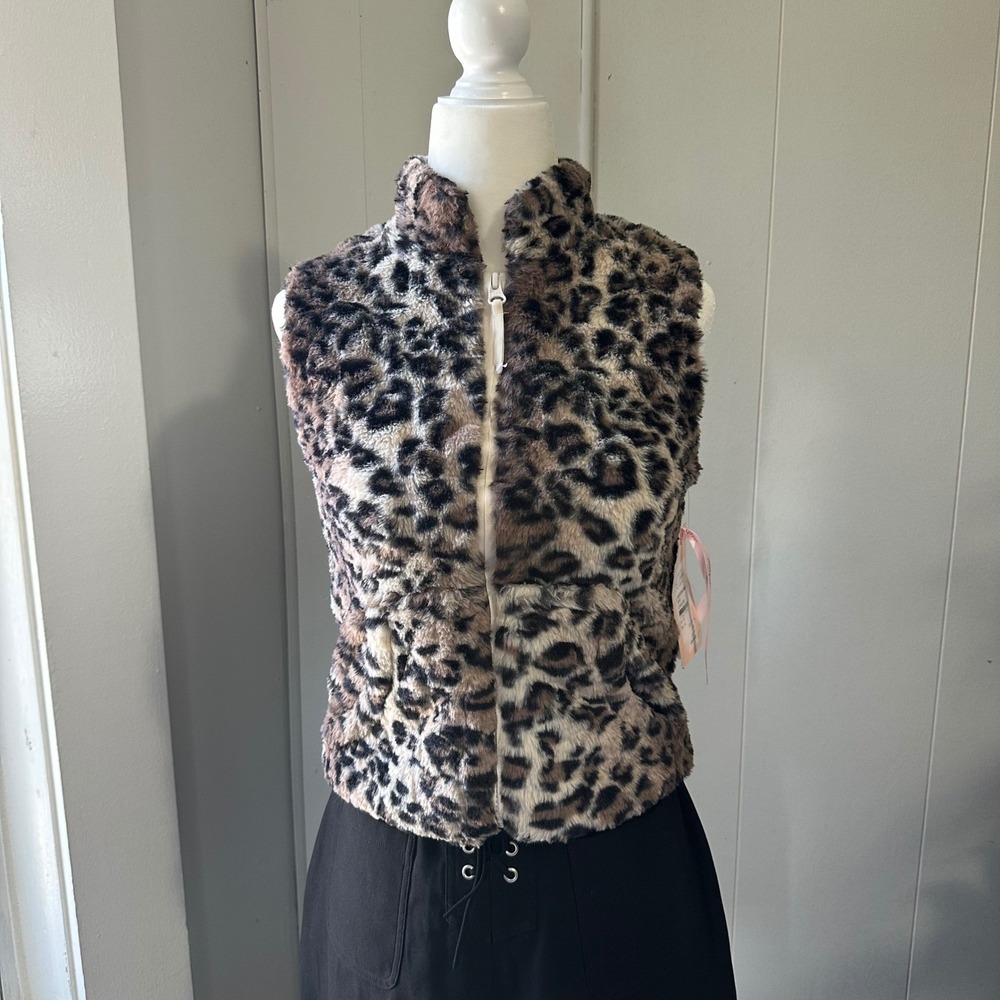 Widgeon Faux Fur Leopard Print Vest‎ Womens Size S Zip Up Collar